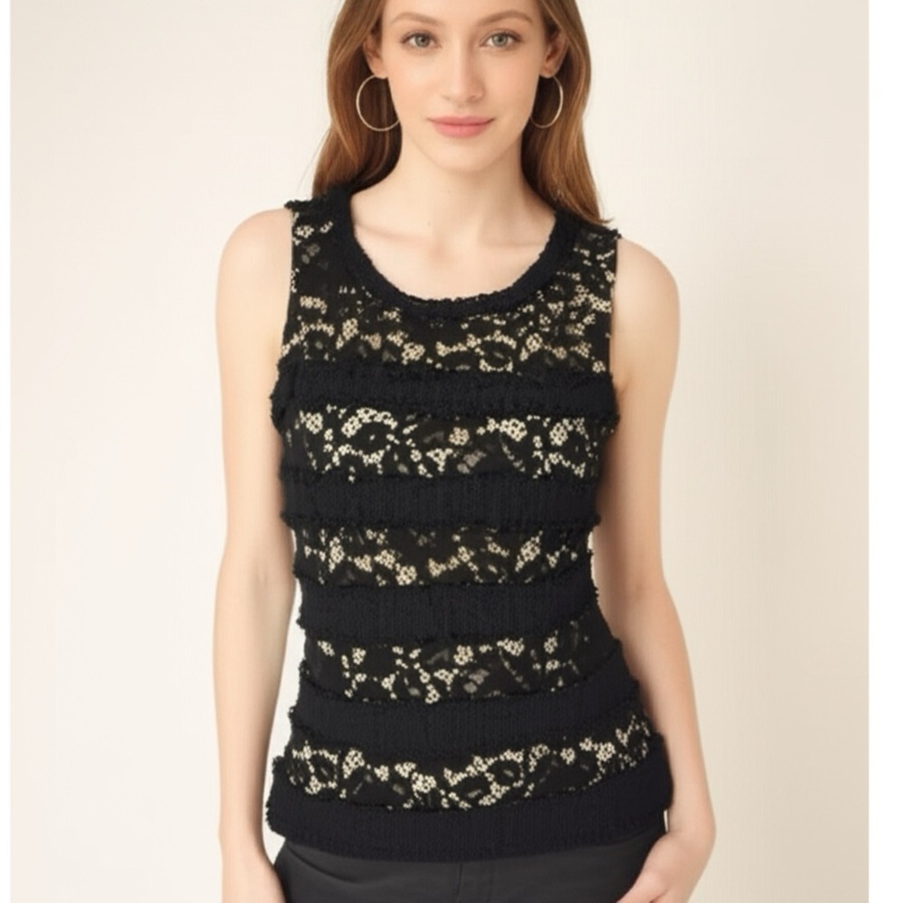 J. CREW Womens Textured Lace Overlay Top Size XS Black Sleeveless Blouse Shirt